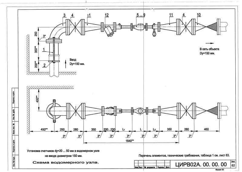 Схема водомерного узла с обводной линией чертеж