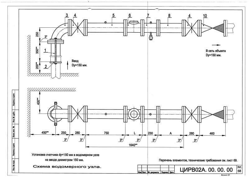 Схема водомерного узла с обводной линией чертеж