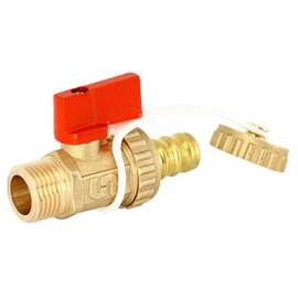 Кран Uni-Fitt шаровой НН 3/8"x3/4" сливной со штуцером и заглушкой, флажок красный металл, фото 