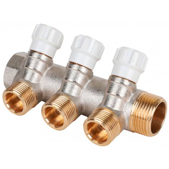 Коллектор латунный MVI 1"x3/4"x3 выхода, с регулирующими вентилями, фото 