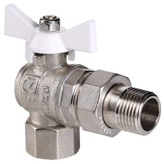 Кран шар. Valtec VT.228.NW.04 BASE ВН 1/2" с американкой бабочка белая угловой, фото 