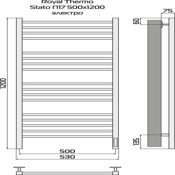 Полотенцесушитель Royal Thermo Stato П17 500х1200 электро (встроен. диммер) стальной, фото , изображение 4