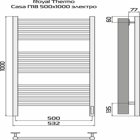 Полотенцесушитель Royal Thermo Casa П18 500х1000 электро (встроен. диммер) черный, фото , изображение 9