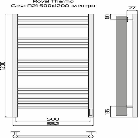 Полотенцесушитель Royal Thermo Casa П21 500х1200 электро (встроен. диммер) черный, фото , изображение 4