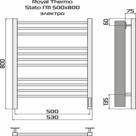 Полотенцесушитель Royal Thermo Stato П11 500х800 электро (встроен. диммер) стальной, фото , изображение 4
