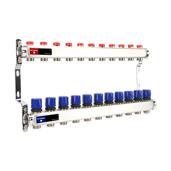 Группа коллекторная для отопления VARMEGA VM15511 ВР 1", на 11 контуров 3/4" EK, нерж. сталь, фото 