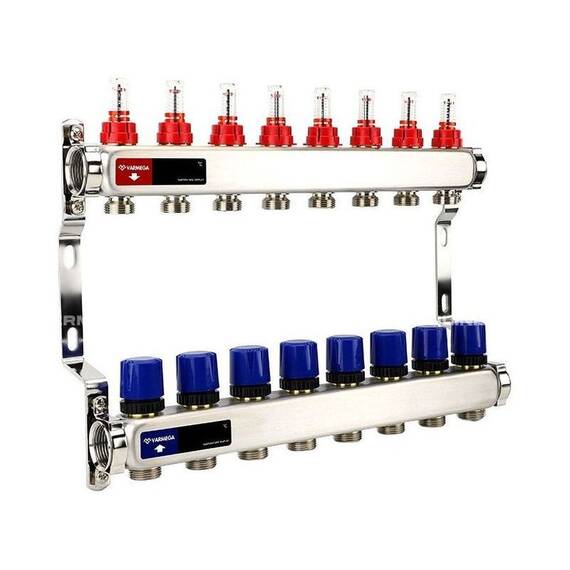 Группа коллекторная с расх. VARMEGA VM15108 ВР 1", под 130 насос, на 8 конт. 3/4" EK, нерж. сталь, фото 
