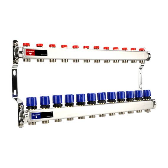 Группа коллекторная для отопления VARMEGA VM15512 ВР 1", на 12 контуров 3/4" EK, нерж. сталь, фото 