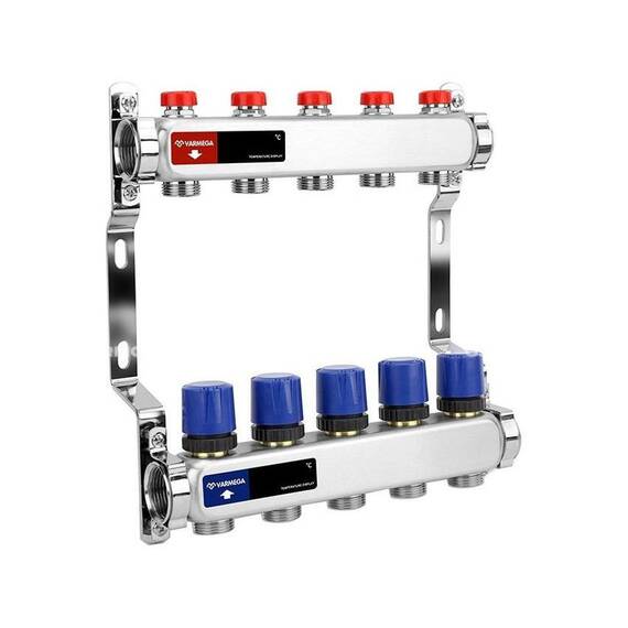 Группа коллекторная для отопления VARMEGA VM15505 ВР 1", на 5 контуров 3/4" EK, нерж. сталь, фото 