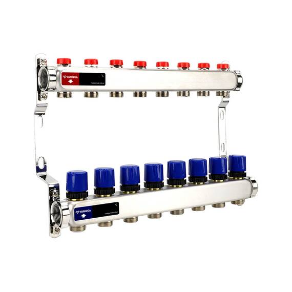 Группа коллекторная для отопления VARMEGA VM15508 ВР 1", на 8 контуров 3/4" EK, нерж. сталь, фото 