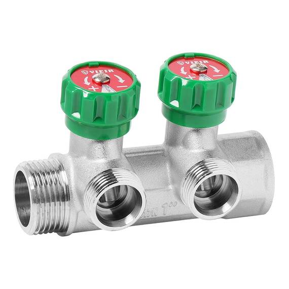 Коллектор VIEIR латунный с регулирующими вентилями 1"x3/4"- 2 вых. VR526-2, фото 