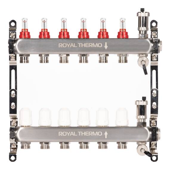 Коллектор Royal Thermo нерж. в сборе с расходомерами 1" ВР-3/4" НР с автомат. воздухоотвод-ми 6 вых., фото , изображение 2