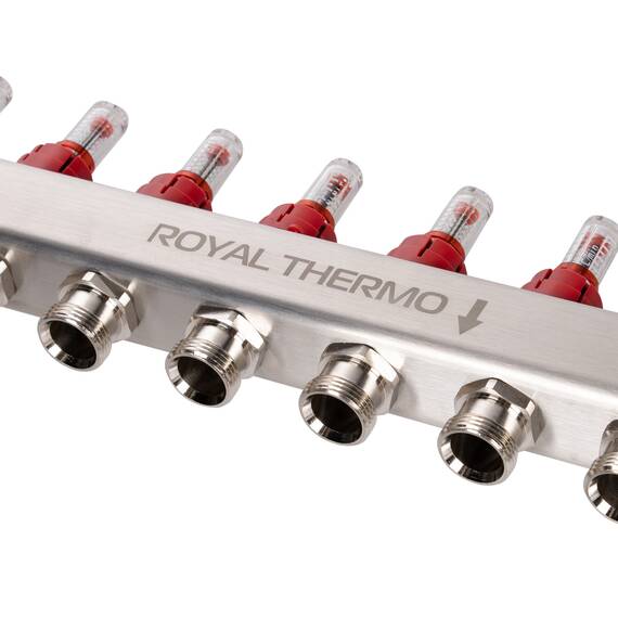 Коллектор Royal Thermo нерж. в сборе с расходомерами 1" ВР-3/4" НР с автомат. воздухоотвод-ми 5 вых., фото , изображение 6