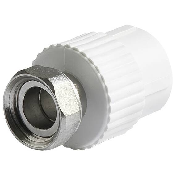 Муфта комбинированная ППР разъемная PPRC ВР 20х1/2" с накид. гайкой (мет. штуцер) ВН резьба, белая, фото 