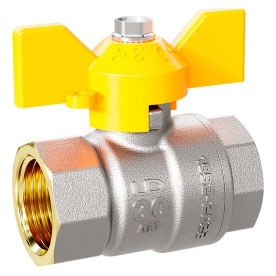 Кран шаровой латунный для газа LD Pride 47.32.В-В.Б GAS Ду 32 Ру25 (бабочка с бир.), фото 