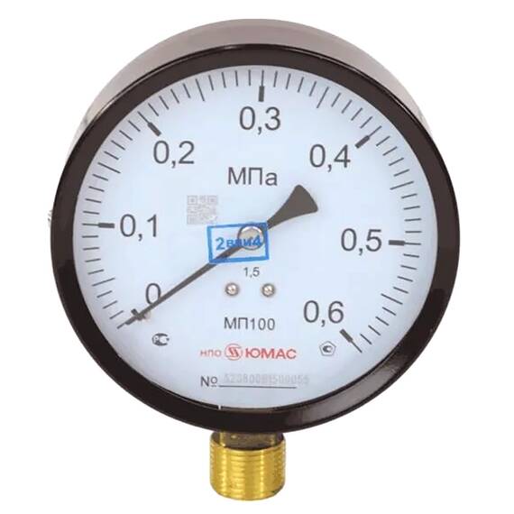 Манометр ЮМАС МП100 радиальный Дк100мм 0-1,0 МПа кл.1,5 G1/2", фото 