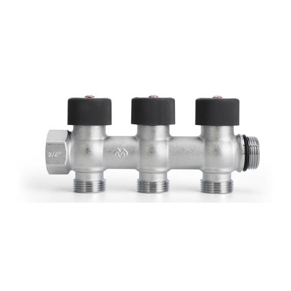 Коллектор с регулировочным клапаном латунный VARMEGA VMMM03, 3/4", на 3 выхода 3/4"ЕК, никель, фото 