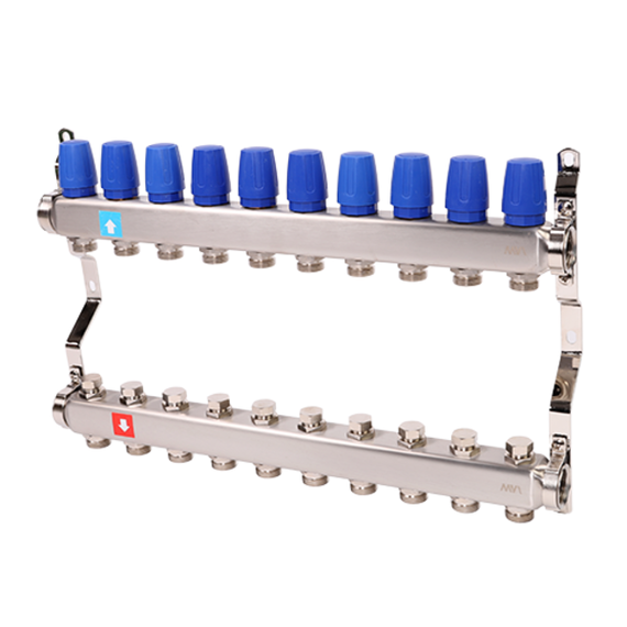 Коллектор из нержавеющей стали в сборе для отопления. 1" х 3/4"ЕК 10 вых. MS.410.06, фото 
