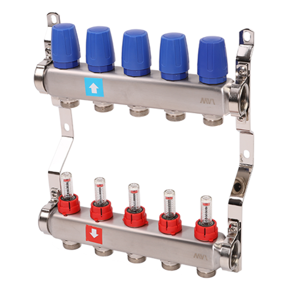 Коллектор из нержавеющей стали в сборе с расходомерами. 1" х 3/4"ЕК 5 вых. MS.505.06, фото 