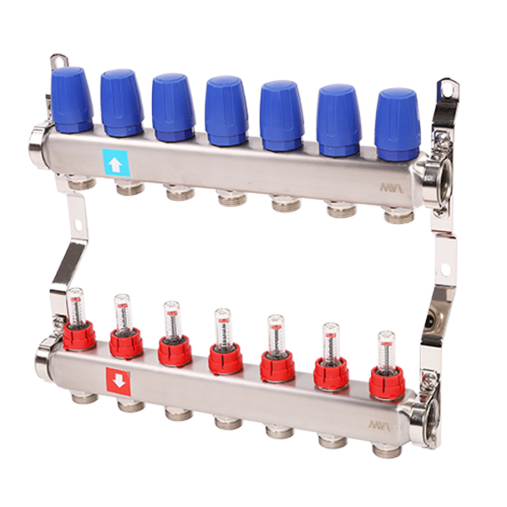 Коллектор из нержавеющей стали в сборе с расходомерами. 1" х 3/4"ЕК 7 вых. MS.507.06, фото 
