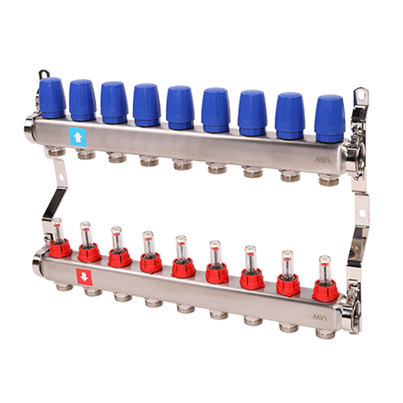 Коллектор из нержавеющей стали в сборе с расходомерами. 1" х 3/4"ЕК 9 вых. MS.509.06, фото 