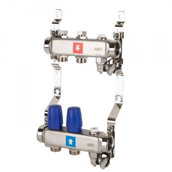 Коллектор без расходомеров, c дренажным краном и краном Маевского 1" х 3/4"ЕК 2 вых. MS.602.06, фото 