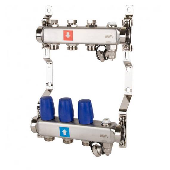 Коллектор без расходомеров, c дренажным краном и краном Маевского 1" х 3/4"ЕК 3 вых. MS.603.06, фото 
