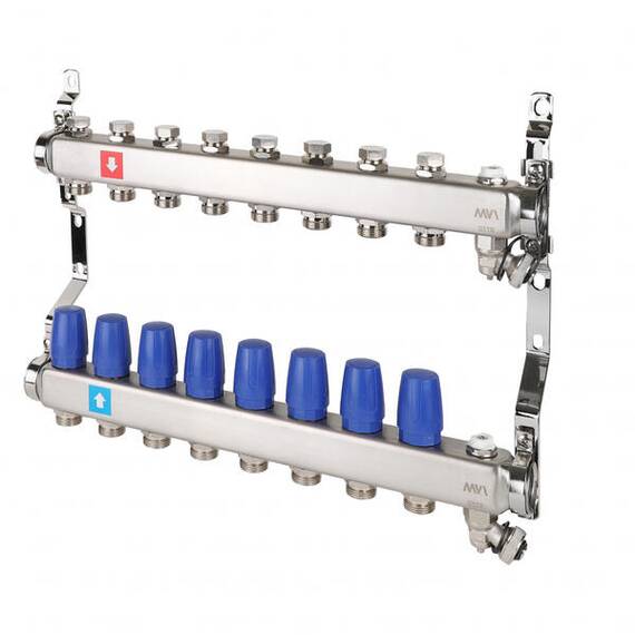 Коллектор без расходомеров, c дренажным краном и краном Маевского 1" х 3/4"ЕК 8 вых. MS.608.06, фото 