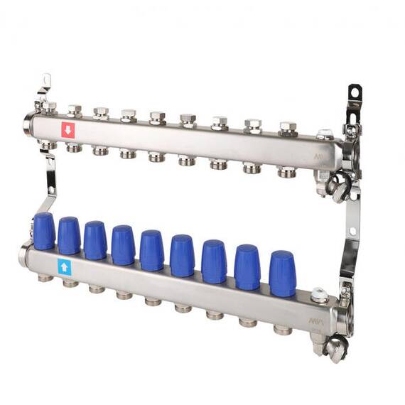 Коллектор без расходомеров, c дренажным краном и краном Маевского 1" х 3/4"ЕК 9 вых. MS.609.06, фото 