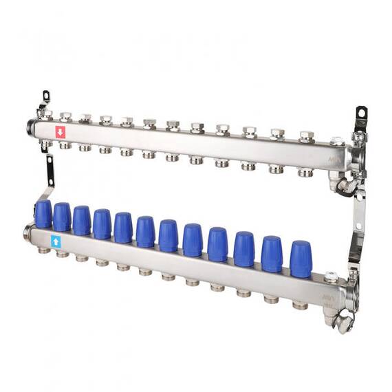 Коллектор без расходомеров, c дренажным краном и краном Маевского 1" х 3/4"ЕК 12 вых. MS.612.06, фото 