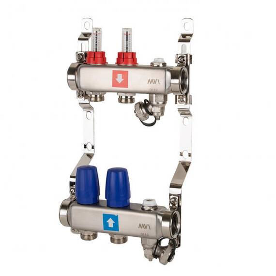Коллектор с расходомерами, дренажным краном и краном Маевского 1" х 3/4"ЕК 2 вых. MS.702.06, фото 