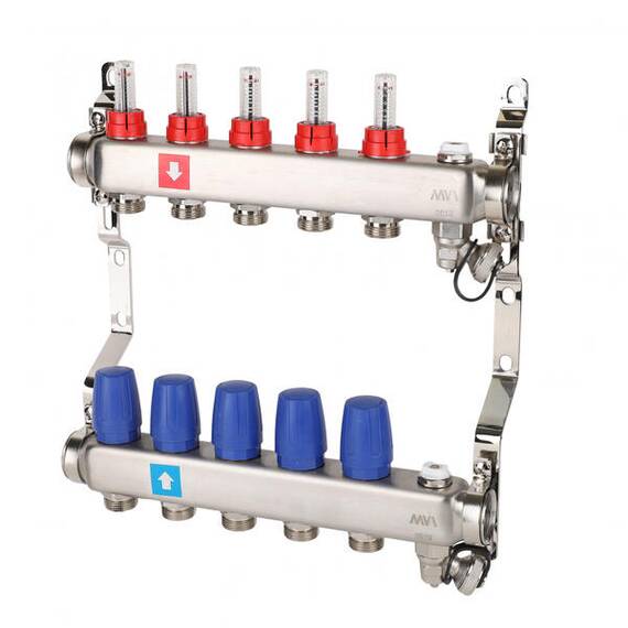 Коллектор с расходомерами, дренажным краном и краном Маевского 1" х 3/4"ЕК 5 вых. MS.705.06, фото 