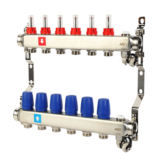 Коллектор с расходомерами, дренажным краном и краном Маевского 1" х 3/4"ЕК 6 вых. MS.706.06, фото 