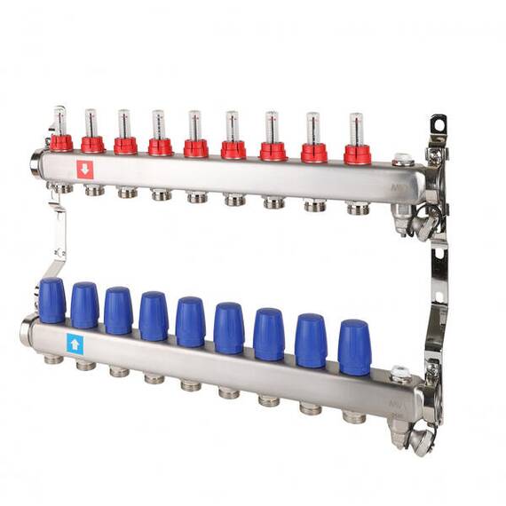 Коллектор с расходомерами, дренажным краном и краном Маевского 1" х 3/4"ЕК 9 вых. MS.709.06, фото 
