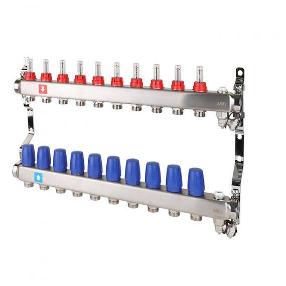 Коллектор с расходомерами, дренажным краном и краном Маевского 1" х 3/4"ЕК 10 вых. MS.710.06, фото 